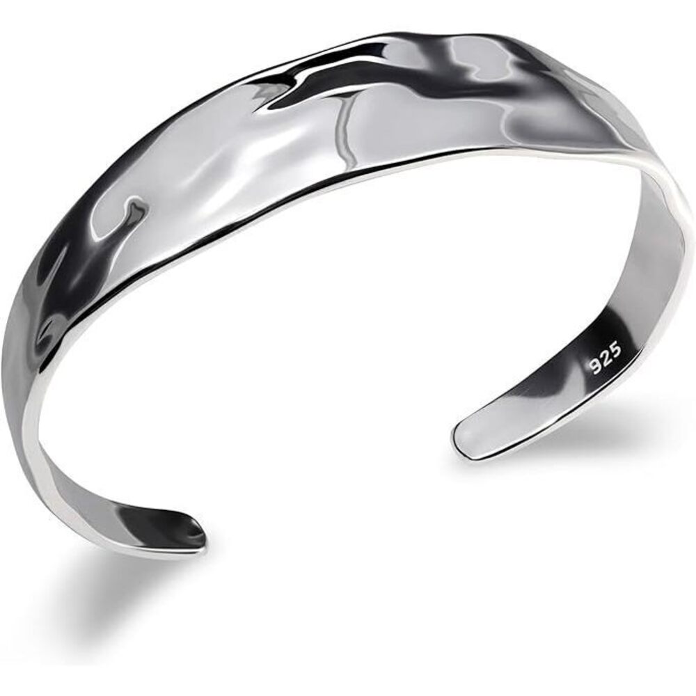 Silver Thin Cuff Bracelet Vintage Hammered Texture Style Statement Open Bangle
